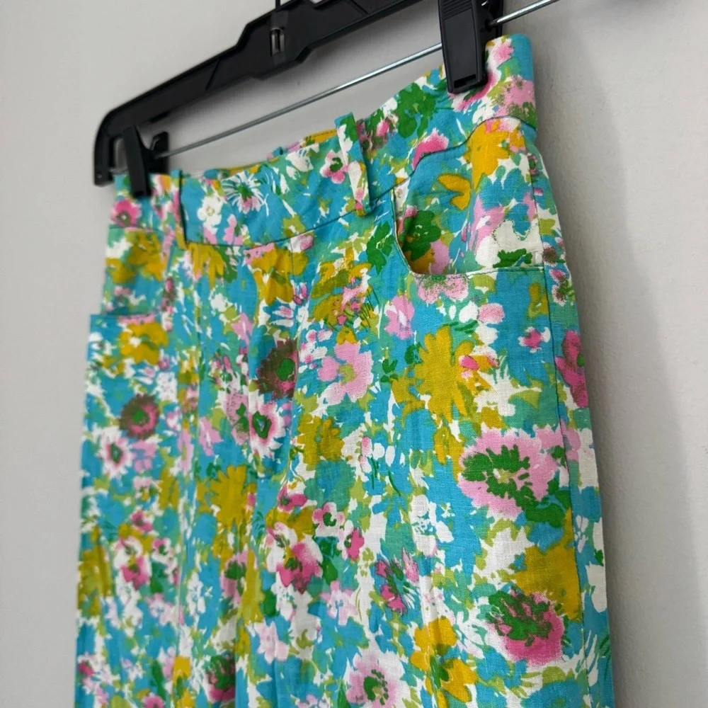 Zara Floral Printed Linen Blend Mini Flare Trousers